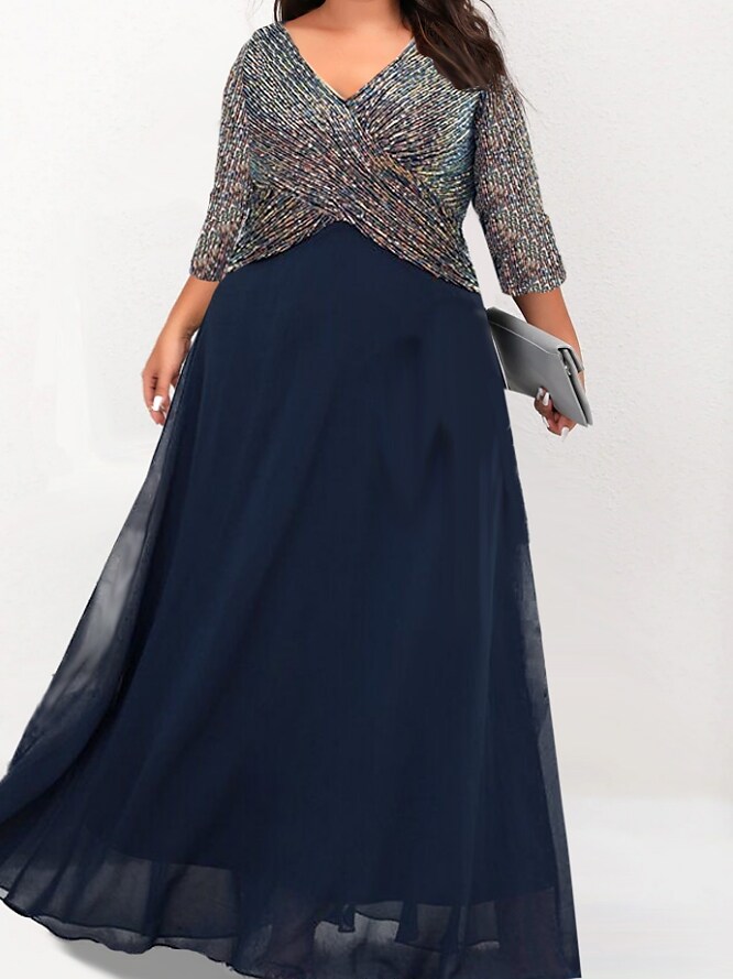 Women's Plus Size Party Dress Color Block V Neck 3/4 Length Sleeve Dress