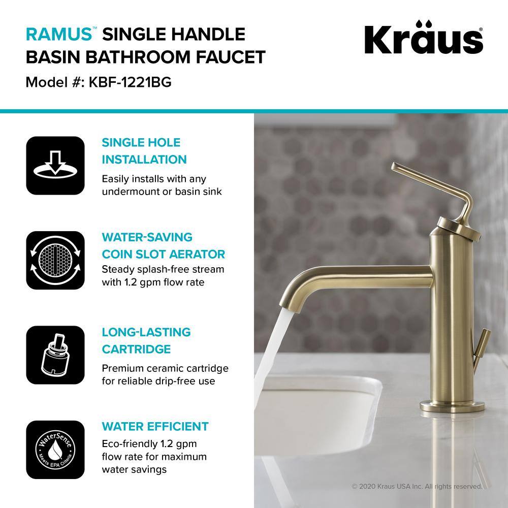 KRAUS Ramus Single Hole Single-Handle Bathroom Faucet with Matching Lift Rod Drain in Brushed Gold KBF-1221BG