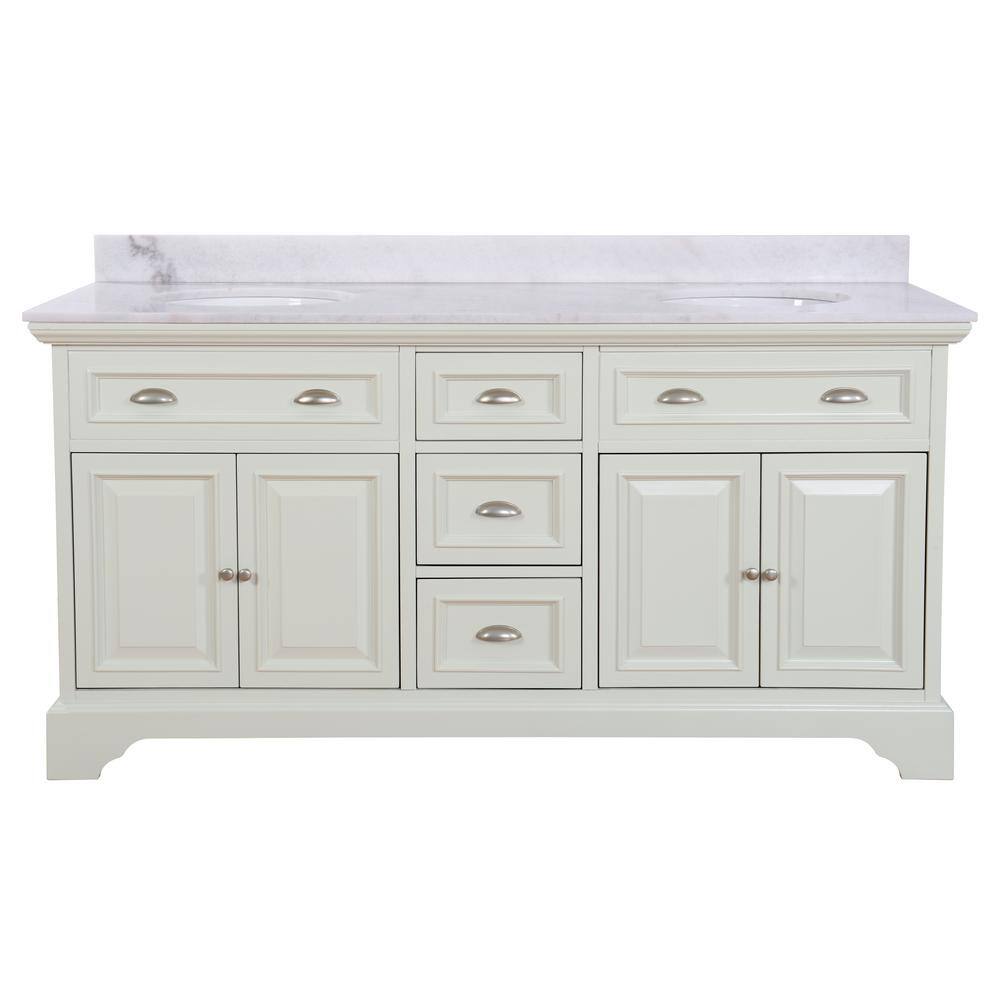 Home Decorators Collection Sadie 67 in. W x 21.5 in. D x 35 in. H Vanity in Matte Pearl with Marble Vanity Top in Natural White with White Sink MD-V2126