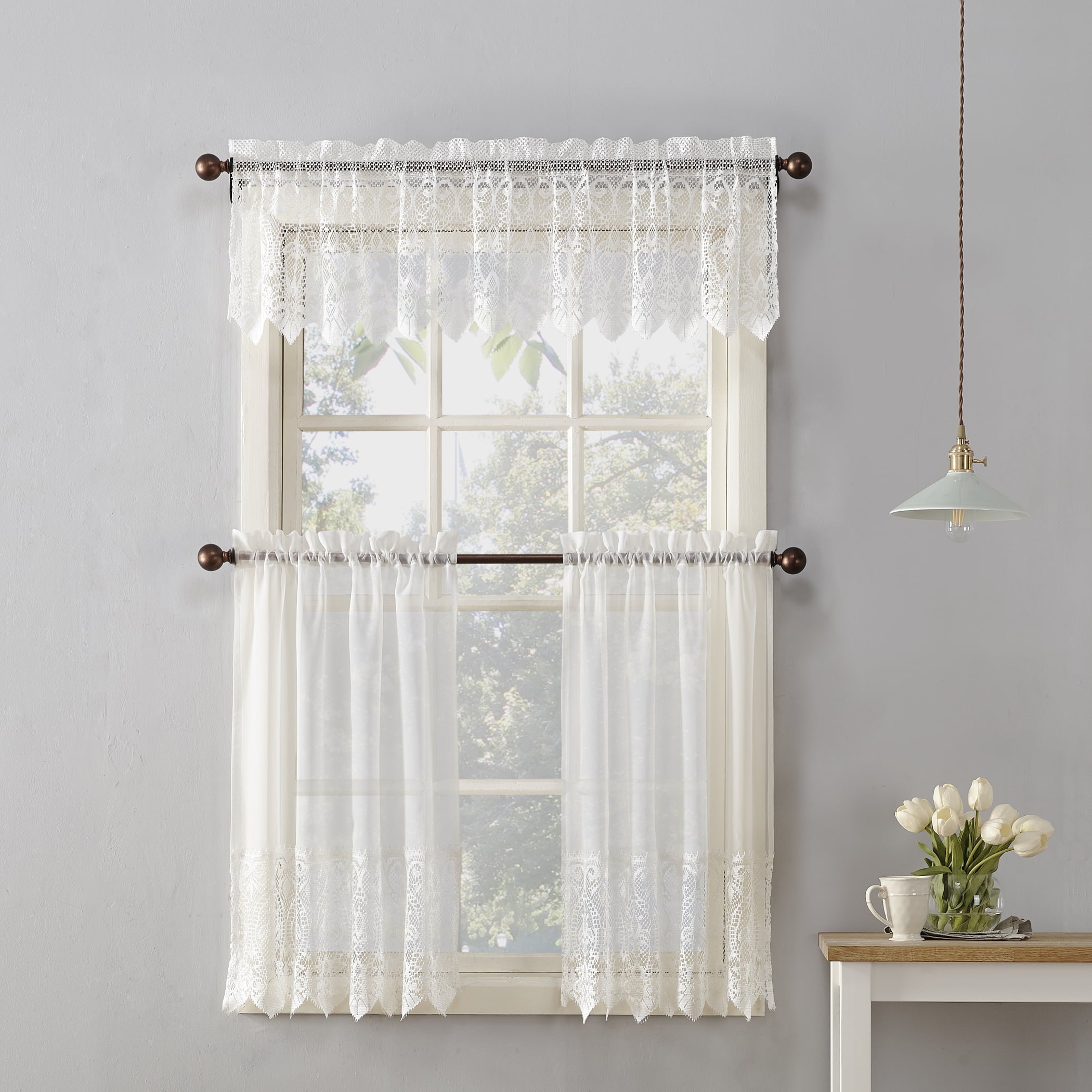 No. 918 Joy Macrame Lace Trim Semi-Sheer Rod Pocket Kitchen Curtains, 60x15