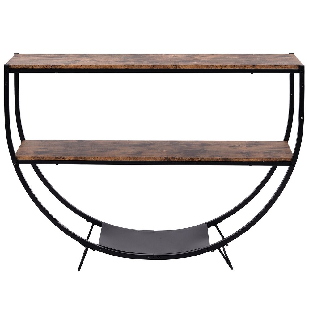 Rustic Industrial Design Demilune Shape Textured Metal Distressed Wood Console Table