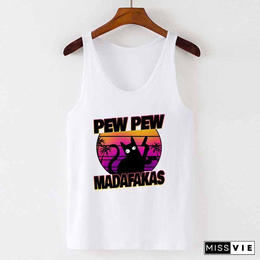 Camisole Sexy Vest Tank Tops Murderous Black Cat With Gun Funny Pew Pew Madafakas Print Women Sleeveless Halloween T Shirt