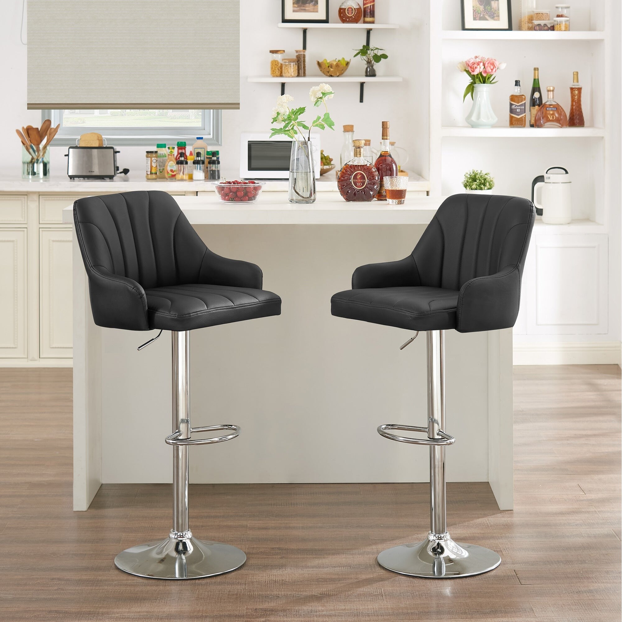 Adjustable Armless Swivel PU Leather Bar Stools Chrome Air Lift Counter Height Stools Set of 2