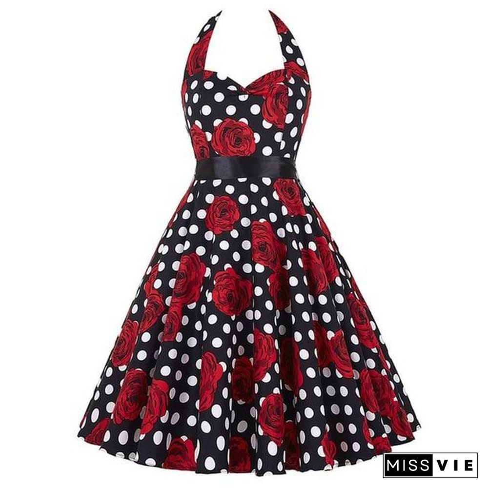 Sexy Halter Party Dress Retro Polka Dot Vintage Dresses Elegant Midi Dress