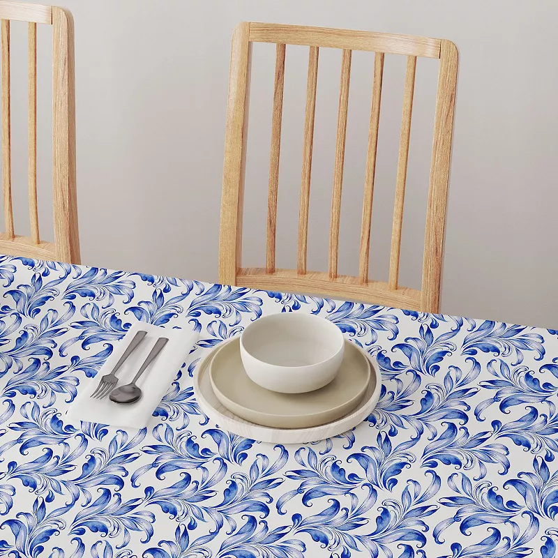 Square Tablecloth， 100% Polyester， 54x54， Blue Traditional Leaves