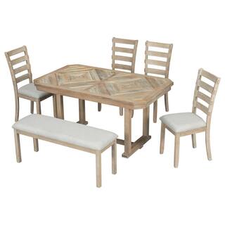 Harper  Bright Designs 6-Piece Natural Beautiful Wood Grain Rubber Wood Dining Table Set with 4 Chairs and 1 Bench XW056AAD