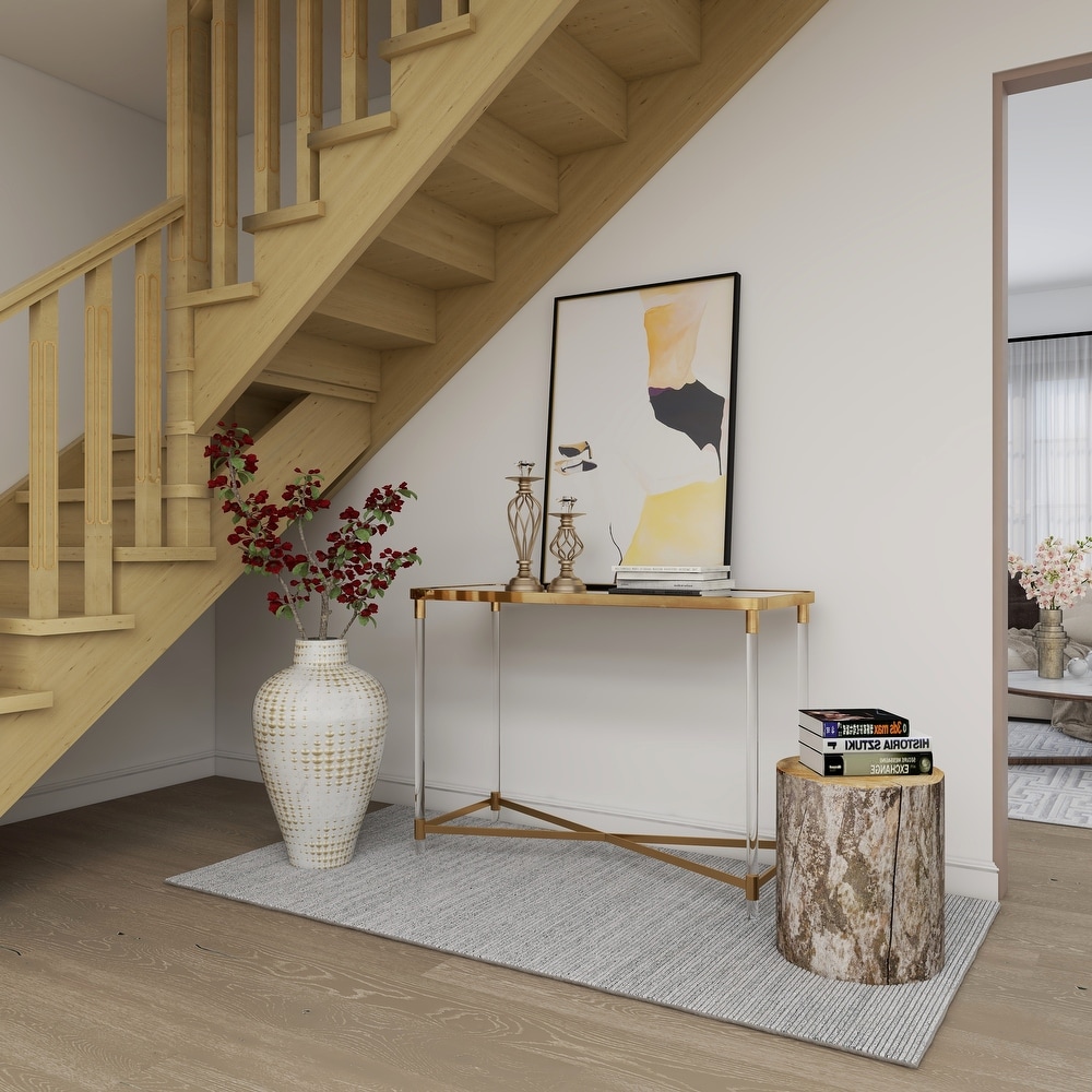 Gold Metal Contemporary Console Table with Mirrored Top and Acrylic Legs