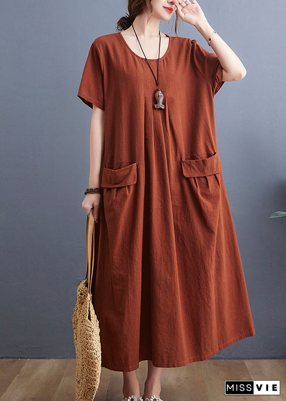 Casual Caramel O-Neck wrinkled Pockets Linen Dress Short Sleeve