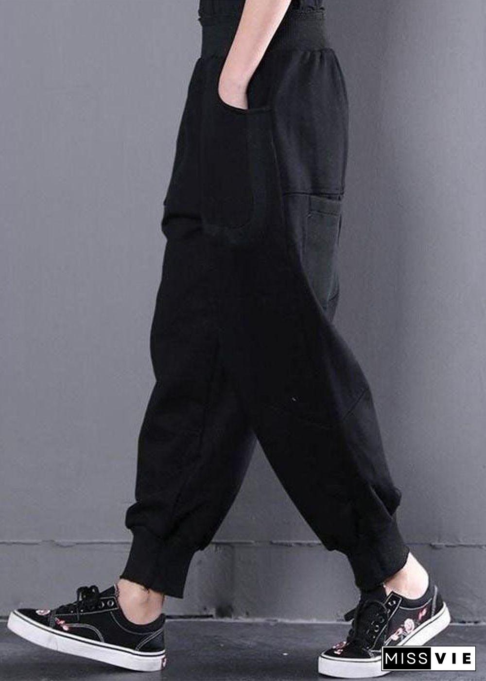 French Black High Waist Oversized Warm Fleece Harem Pants Winter