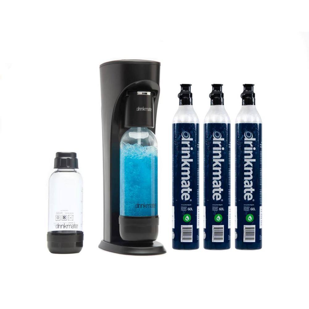 DrinkMate Matt Black Sparkling Water  Soda Maker Machine Ultimate Bundle w3 ea 60L CO2 Cartridge 1L  0.5L Re-Usable Bottles 410-02-14Zx3-SP