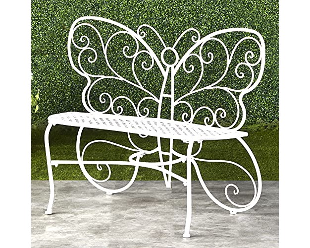 The Lakeside Collection Decorative White Metal Butterfly Motif Bench Home Garden Accent