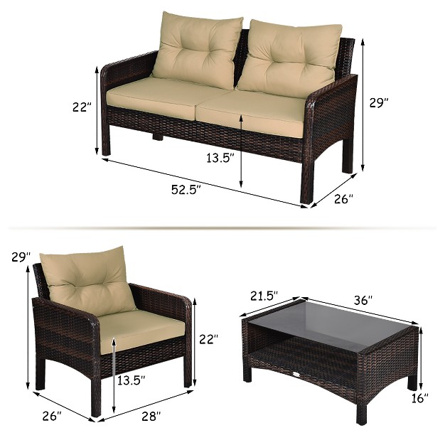 Costway 4pcs Patio Rattan Furniture Set Loveseat Sofa Coffee Table Sofa W cushion Garden