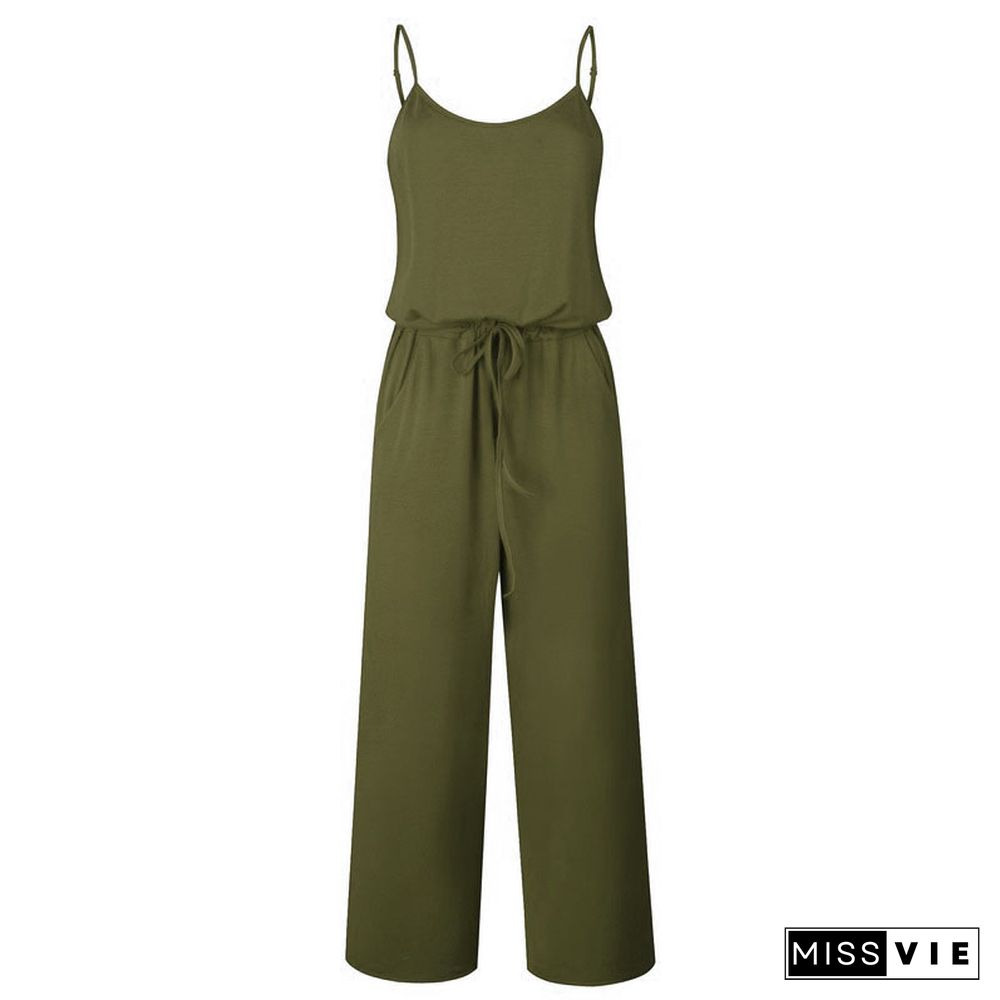 Summer Spaghetti Strap Jumpsuits Women Rompers Casual Jumpsuit Female Overalls Loose Wide Leg Long Pants 2XL Fashion PR049G