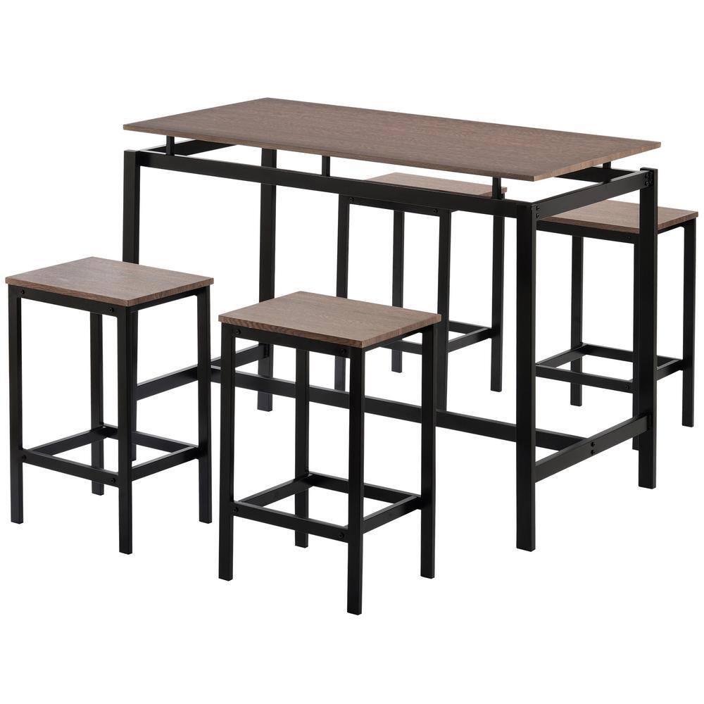 URTR 5-Piece Kitchen Counter Height Table Dining Set Wood Top and Metal Frame Bar Table with 4 Chairs Dark Brown T-01236-P