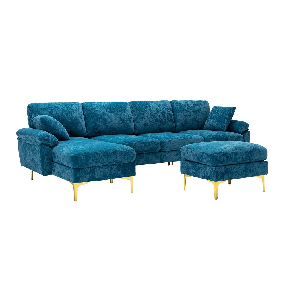 Chenille Sectional Sofas Set U shaped Modular Sofa Removable Recline Couch with Memory Foam Ottomans for Livingroom  Teal Blue