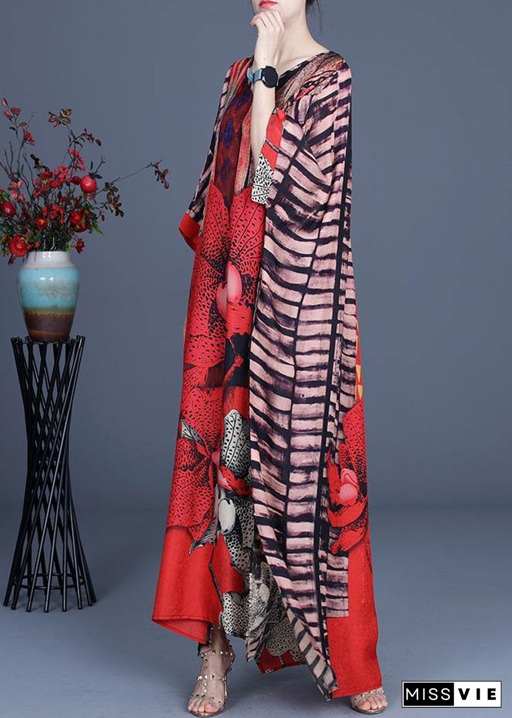 Bohemian Red Print side open Maxi Summer Chiffon Dress