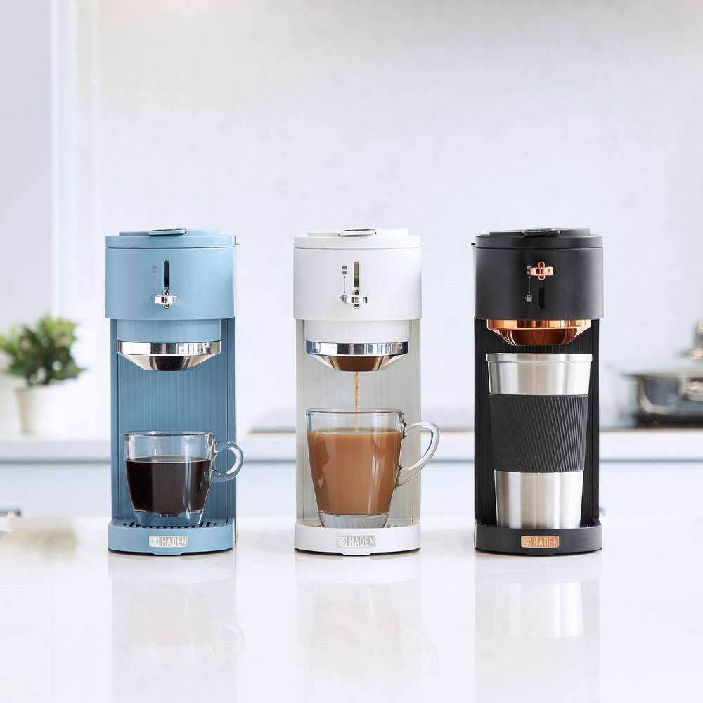 HADEN 1-Cup Single-Serve Sky BlueChrome Coffee Maker with Attachments for Single-Serve Pods and Ground Coffee 75110