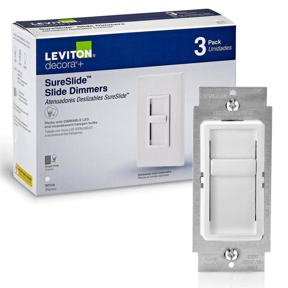 Leviton Decora SureSlide Universal 150-Watt LEDCFL Incandescent Slide-to-Off Dimmer White (3-Pack) M02-06672-3PW