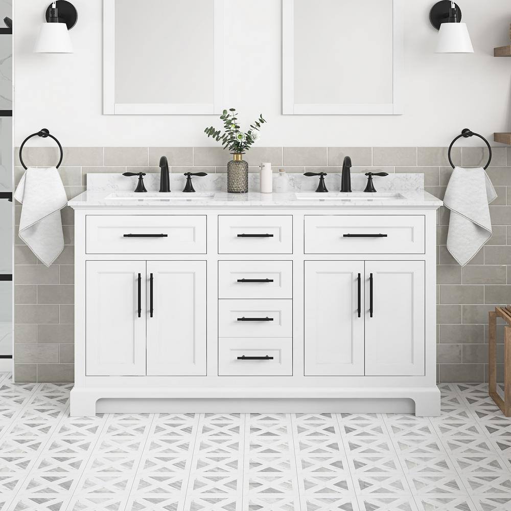 Home Decorators Collection Doveton 60 in. W x 19 in. D x 34.50 in. H Bath Vanity in White with White Cultured Marble Top Doveton 60W