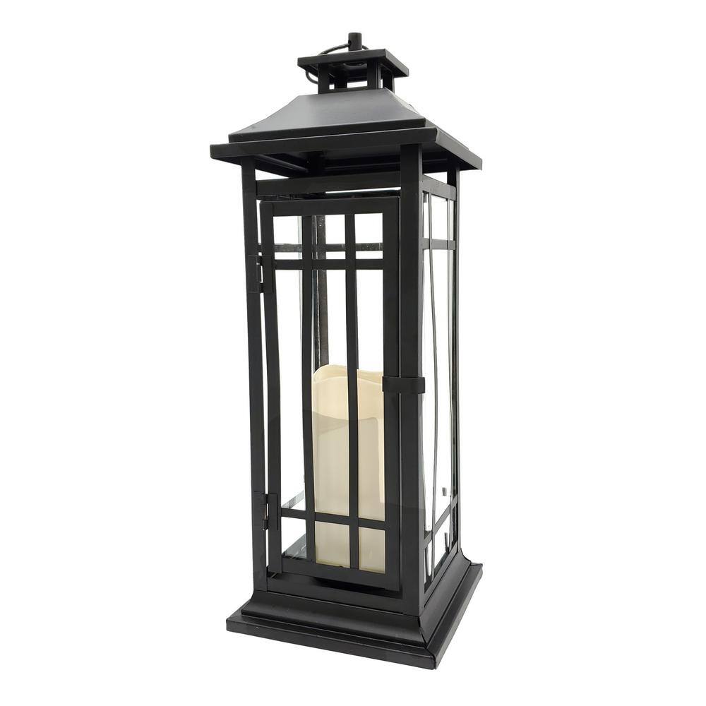 LUMABASE 17 in. Black Window Battery Operated Metal Lantern with LED Candle 88901