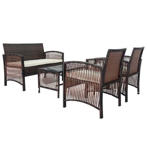 4 PCs Outdoor Patio Furniture Sofa Sets PE Rattan Wicker Sofa Chair Set Cushioned Seat with Glass Tabletop Coffee Table - Overstock - 37315895