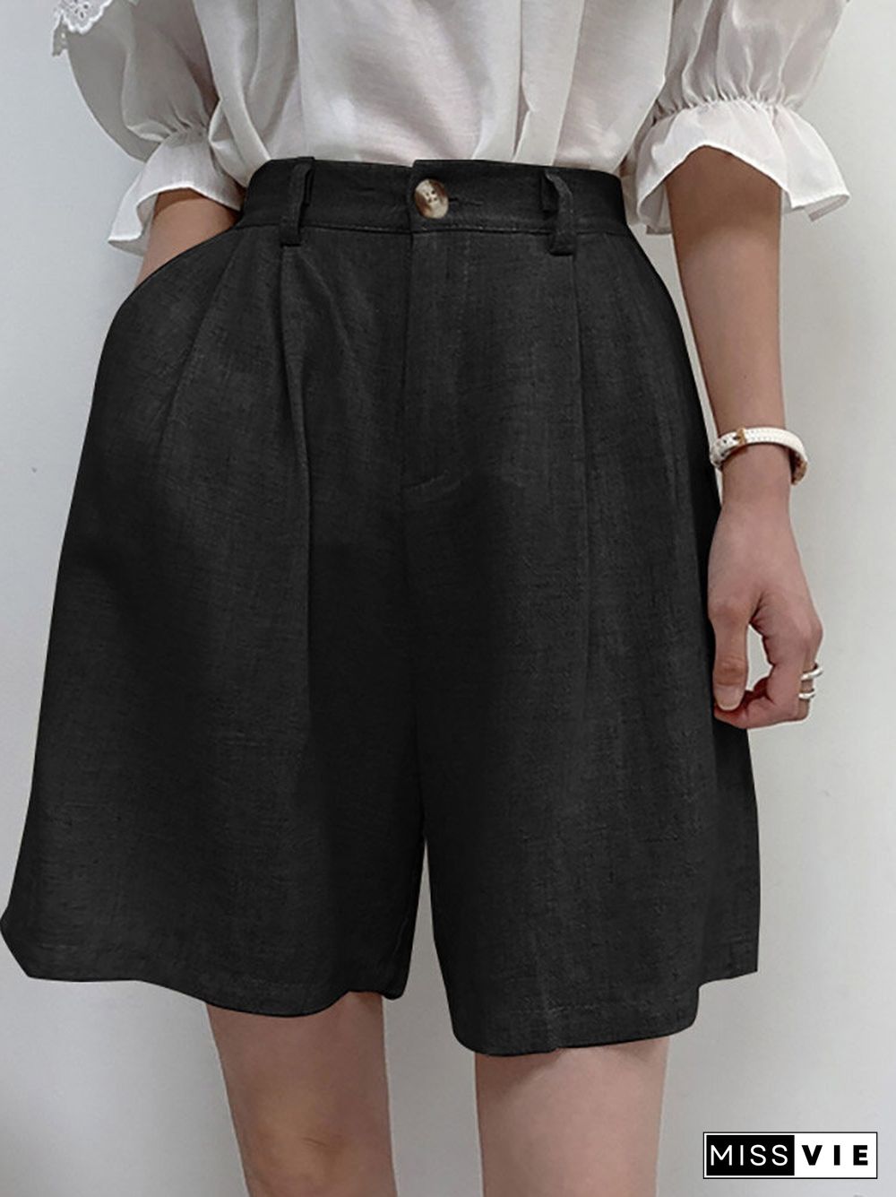 Women Solid Pocket Casual Loose Wide Leg Shorts