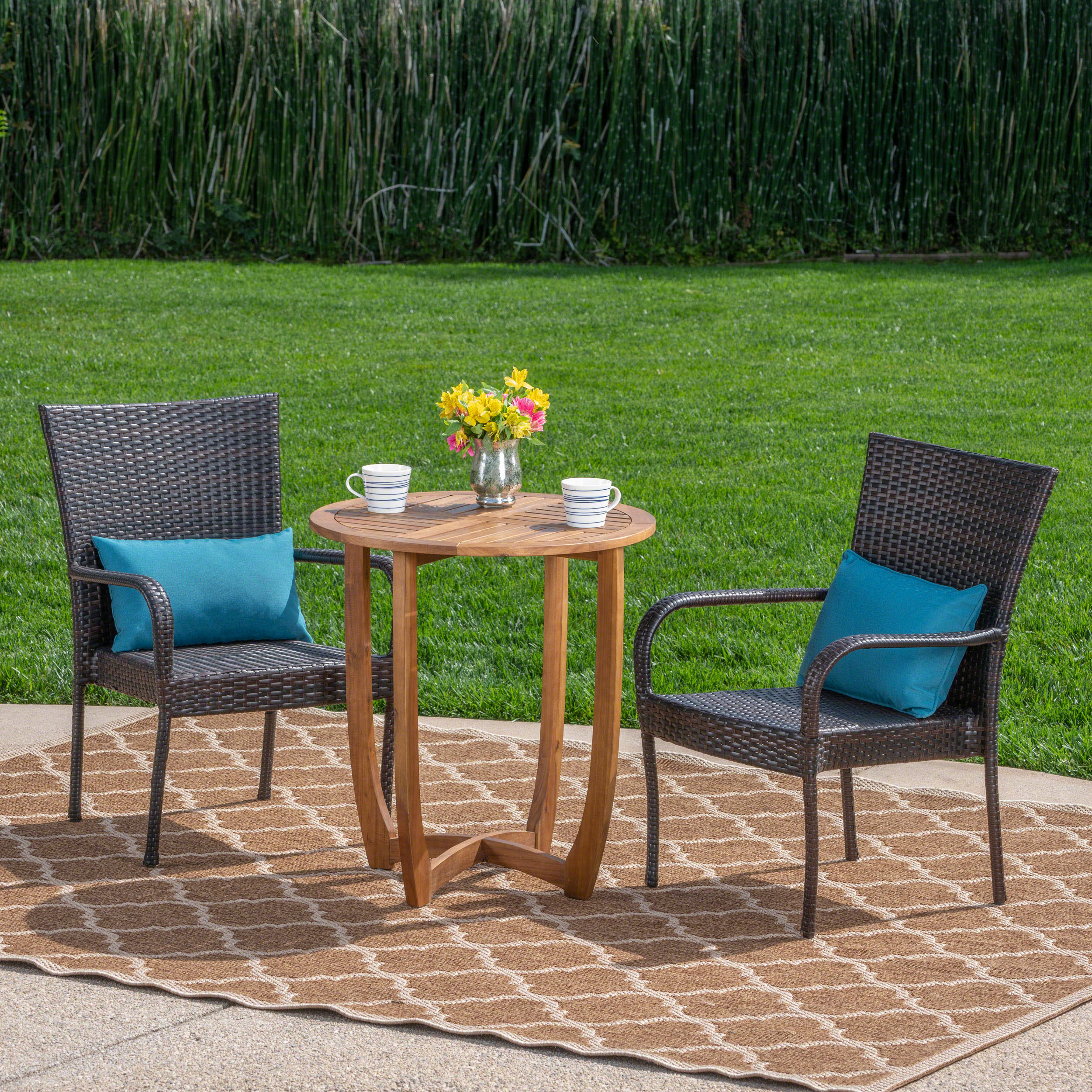 Michael Outdoor 3 Piece Acacia Wood/ Wicker Bistro Set, Teak Finish and Multibrown