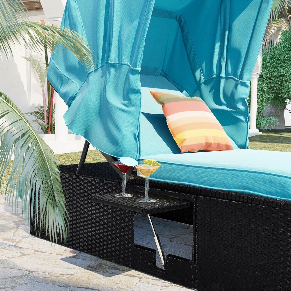 Long Reclining Single Chaise Lounge With Cushions Canopy And Cup Table  Weather Durable Frame