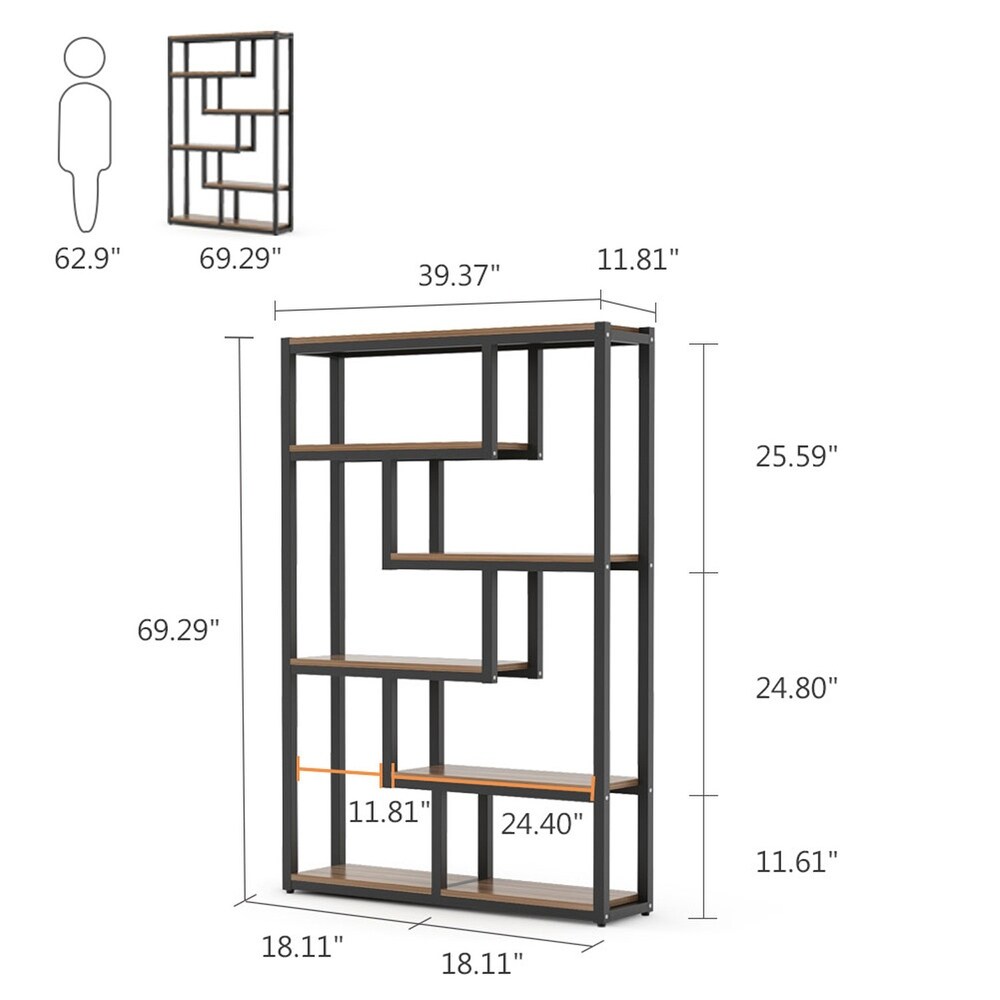 69 inch Tall Bookshelf  6Tiers Bookcase  Industrial Wood/ Metal Display Etagere Rack