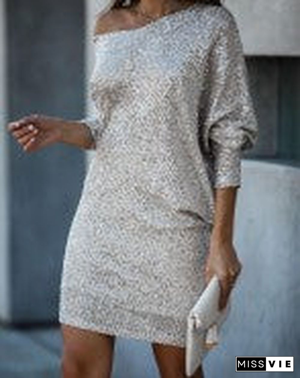 Slash Neck Long Sleeve Sequins Dress