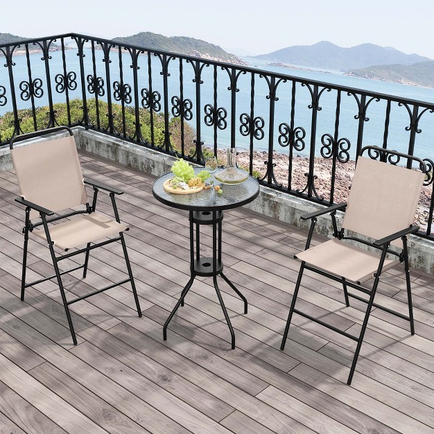 Costway 3pcs Patio Bistro Set Folding Chairs Round Bar Table With 1 6 x27 x27 Umbrella Hole Yard