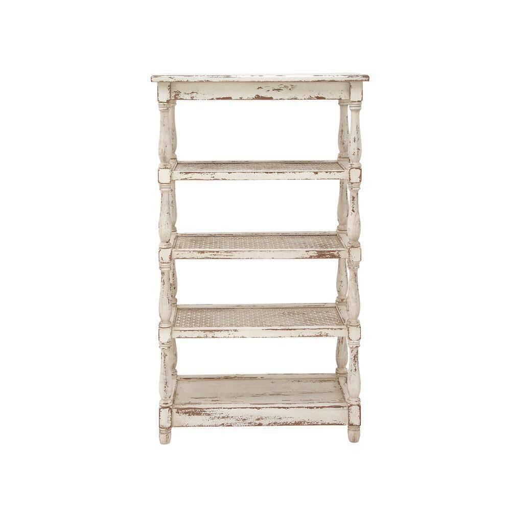 Litton Lane 5 Shelf Wood Stationary White Distressed Open Shelving Unit with Spindle Sides and Mesh 44419