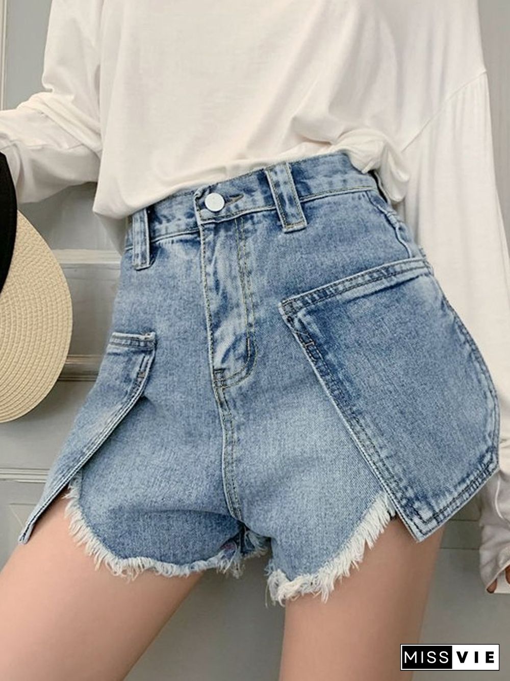 Patchwork Raw Hem Denim Mini Shorts