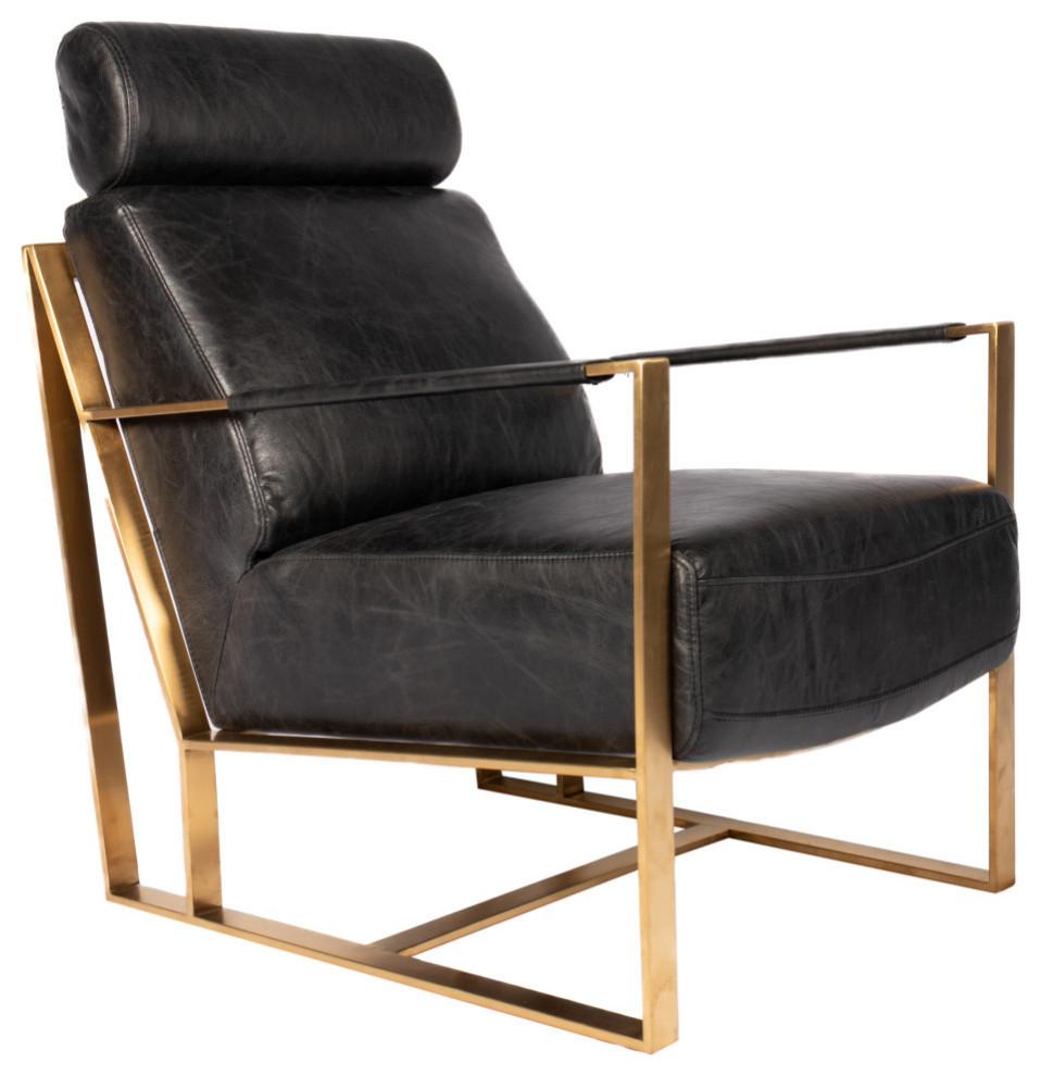 Paradiso Black Top Grain Leather Accent Slipper Chair Gold Metal Frame   Contemporary   Armchairs And Accent Chairs   by Sideboards and Things  Houzz