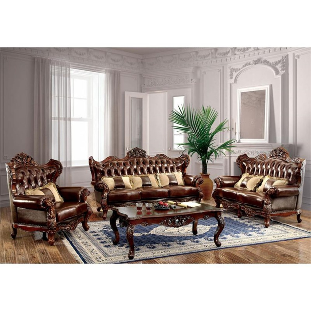 Bowery Hill Top Grain Leather Tufted Loveseat in Dark Oak Finish   Victorian   Loveseats   by Homesquare  Houzz