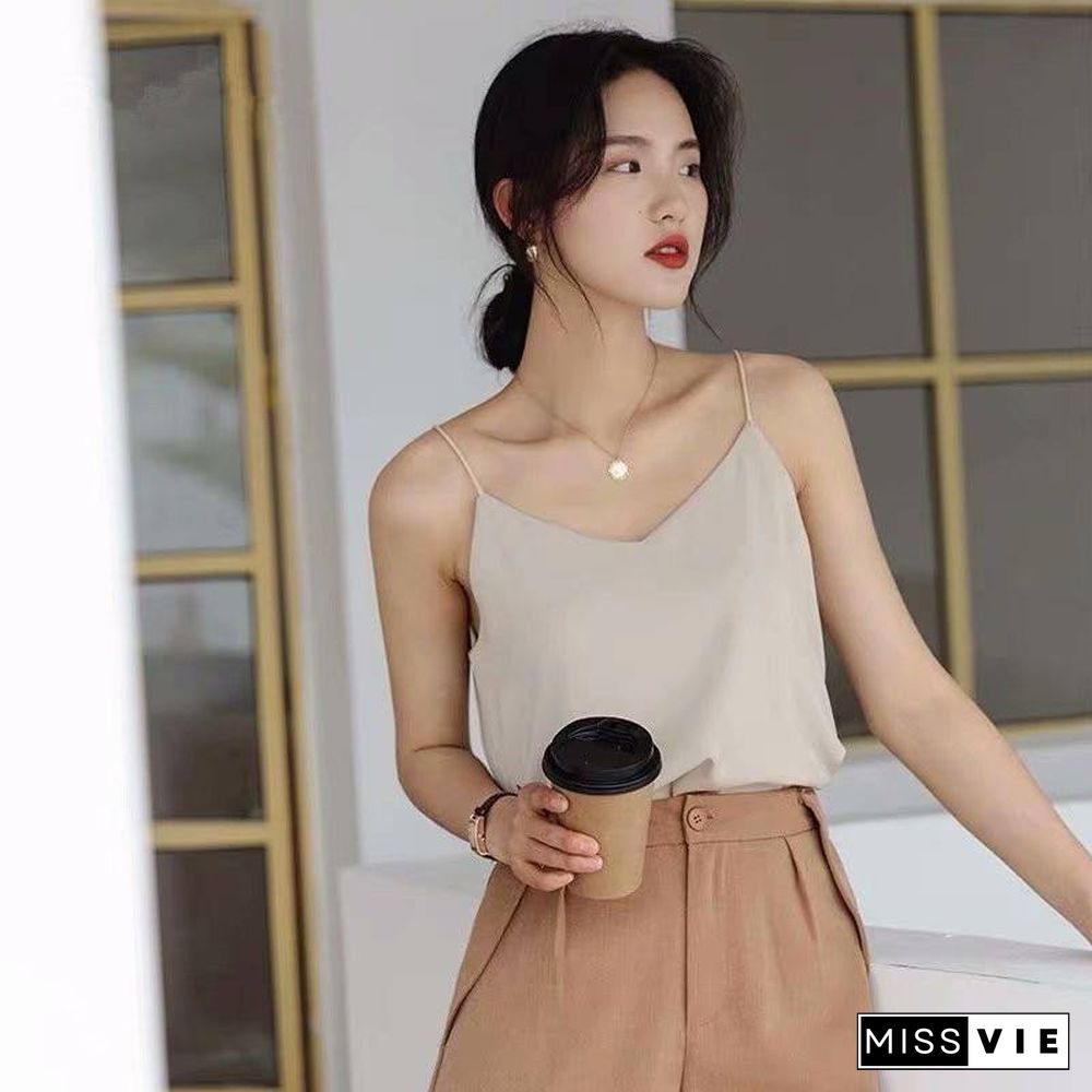 Korean Chiffon Top Women Woman V-neck Satin Tank Top Woman Sleeveless Vest Tops Tees Plus Size Sexy Women White Top Ladies Camis