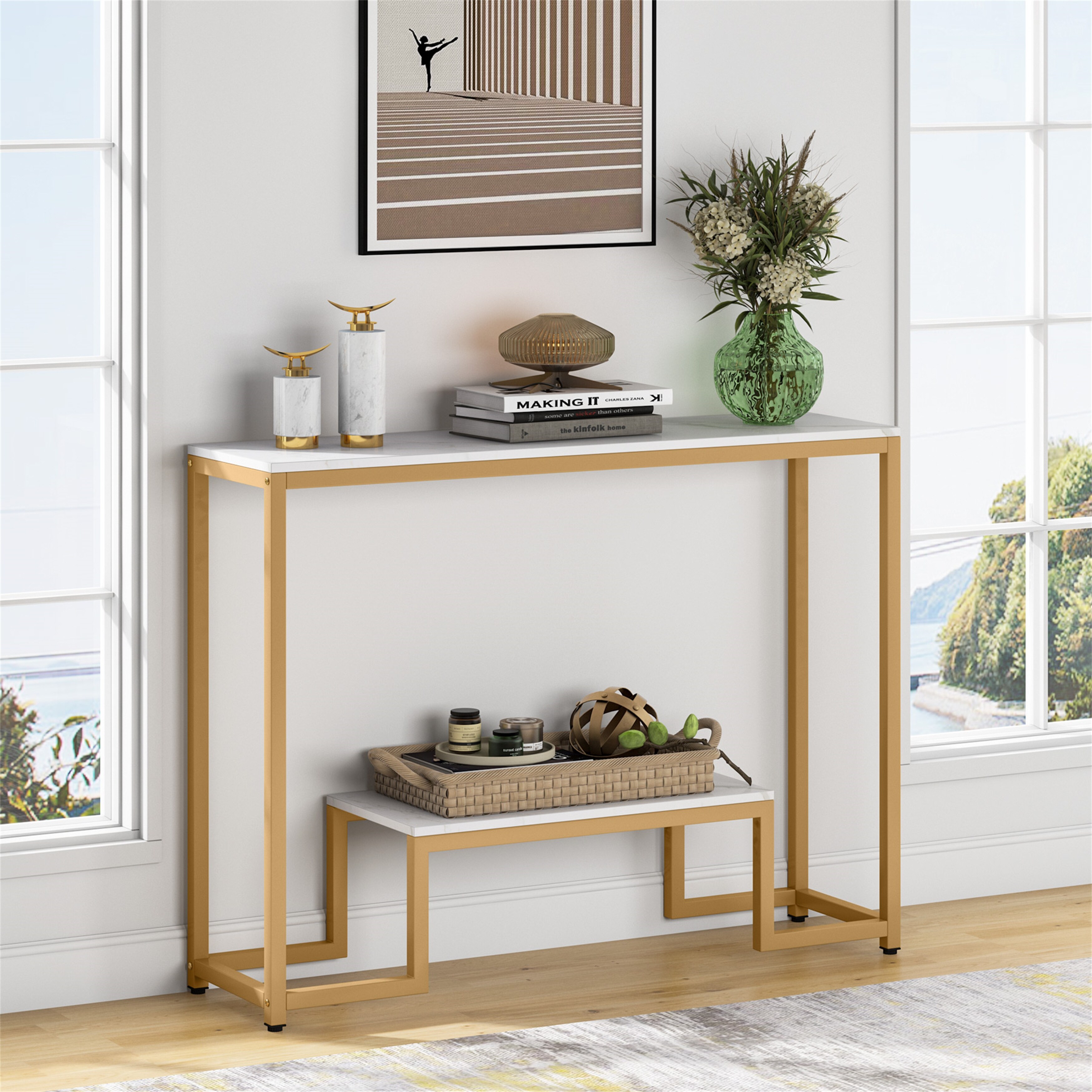 White/ Gold Faux Marble 2-Tier Console Accent Table with Open Storage Shelf， Mid -century Modern Entraway Table