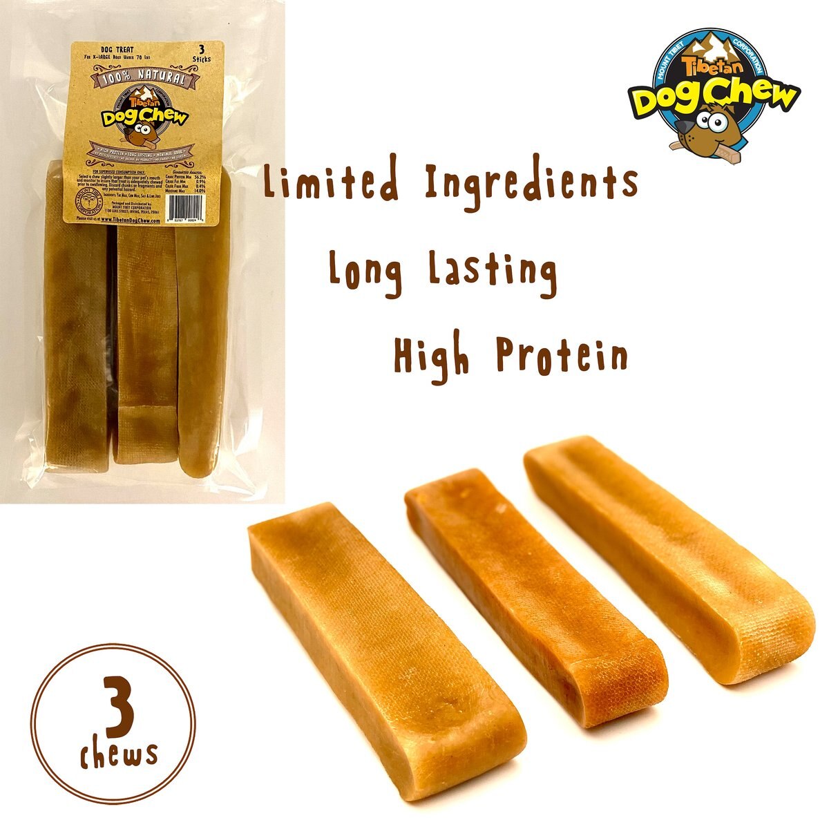 Tibetan Dog Chew X-Large Breed Grain-Free Sticks Dog Treats， 3 count