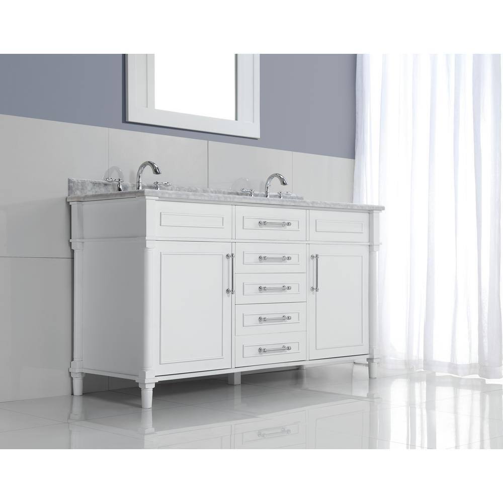 Home Decorators Collection Aberdeen 60 in. W x 22.1 in. D x 34.5 in. H Freestanding Bath Vanity in White with Carrara Marble Top Aberdeen 60W