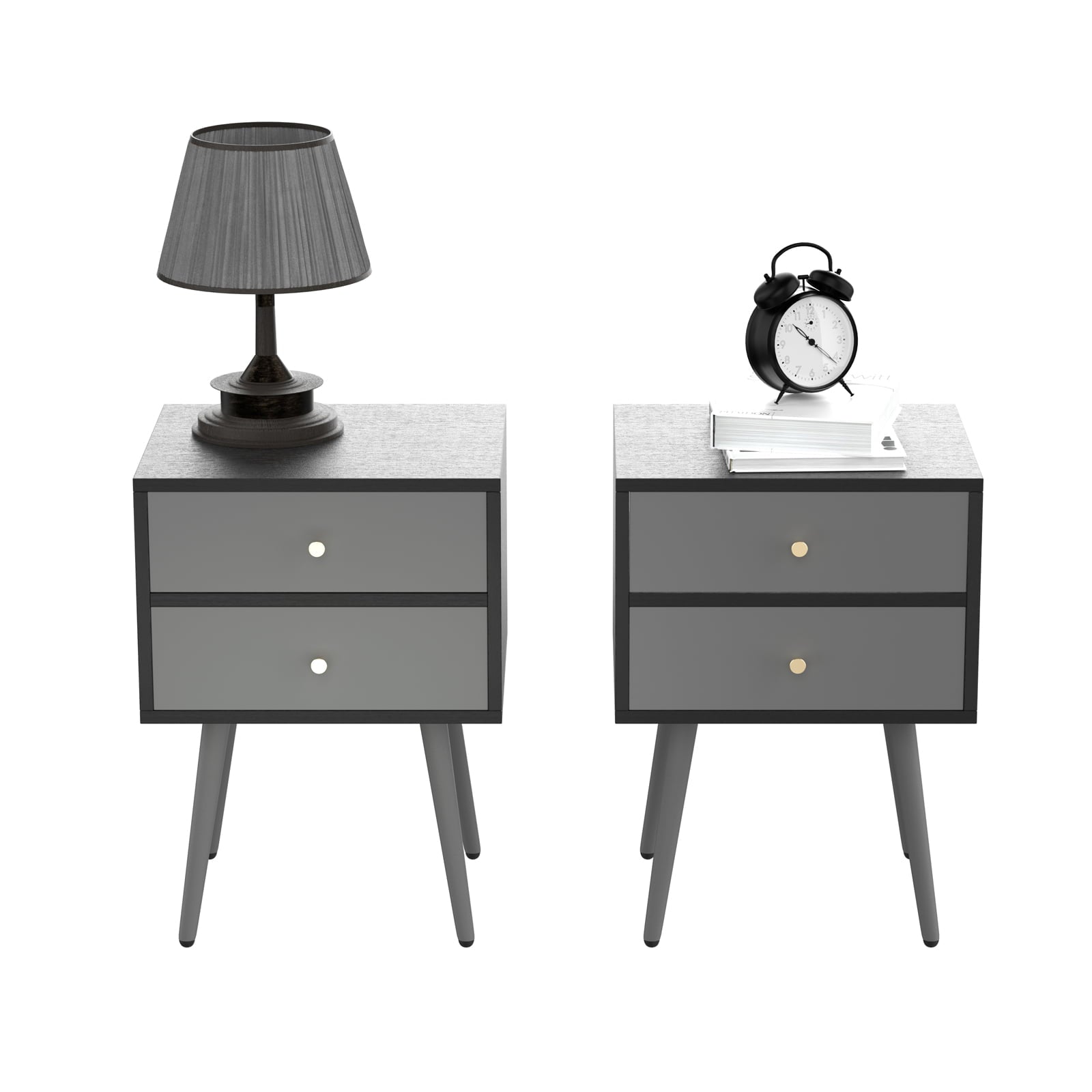 Williamspace Nightstand Set of 2, Mid Century Modern Square Wood Bedside Table with 2 Drawers Storage for Bedroom,Black