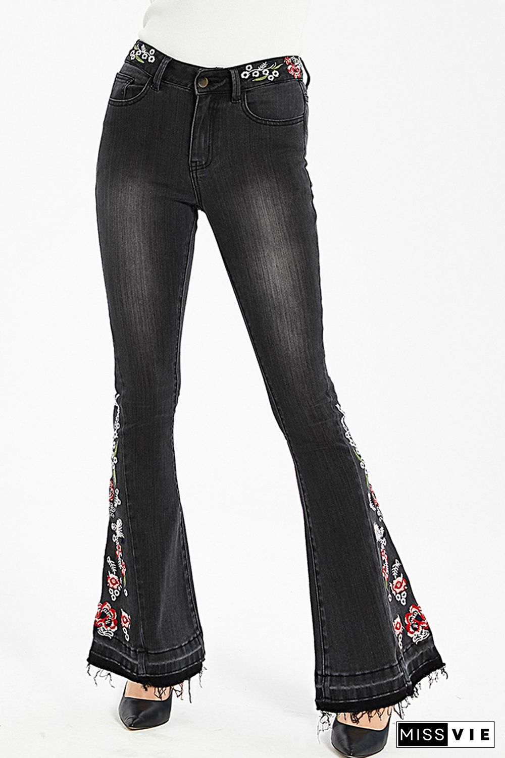 Black Bleach Embroidered Side Bell Bottom Flared Jeans Wholesale Boutique