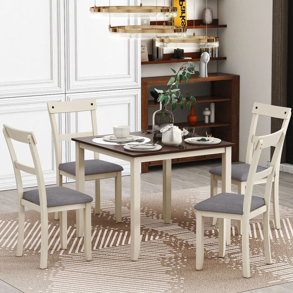 5 Pcs Kitchen Table Set Farmhouse Dining Sets  Industrial Wooden Dining Table   4 Upholstered Chairs for Small Space Dining Room