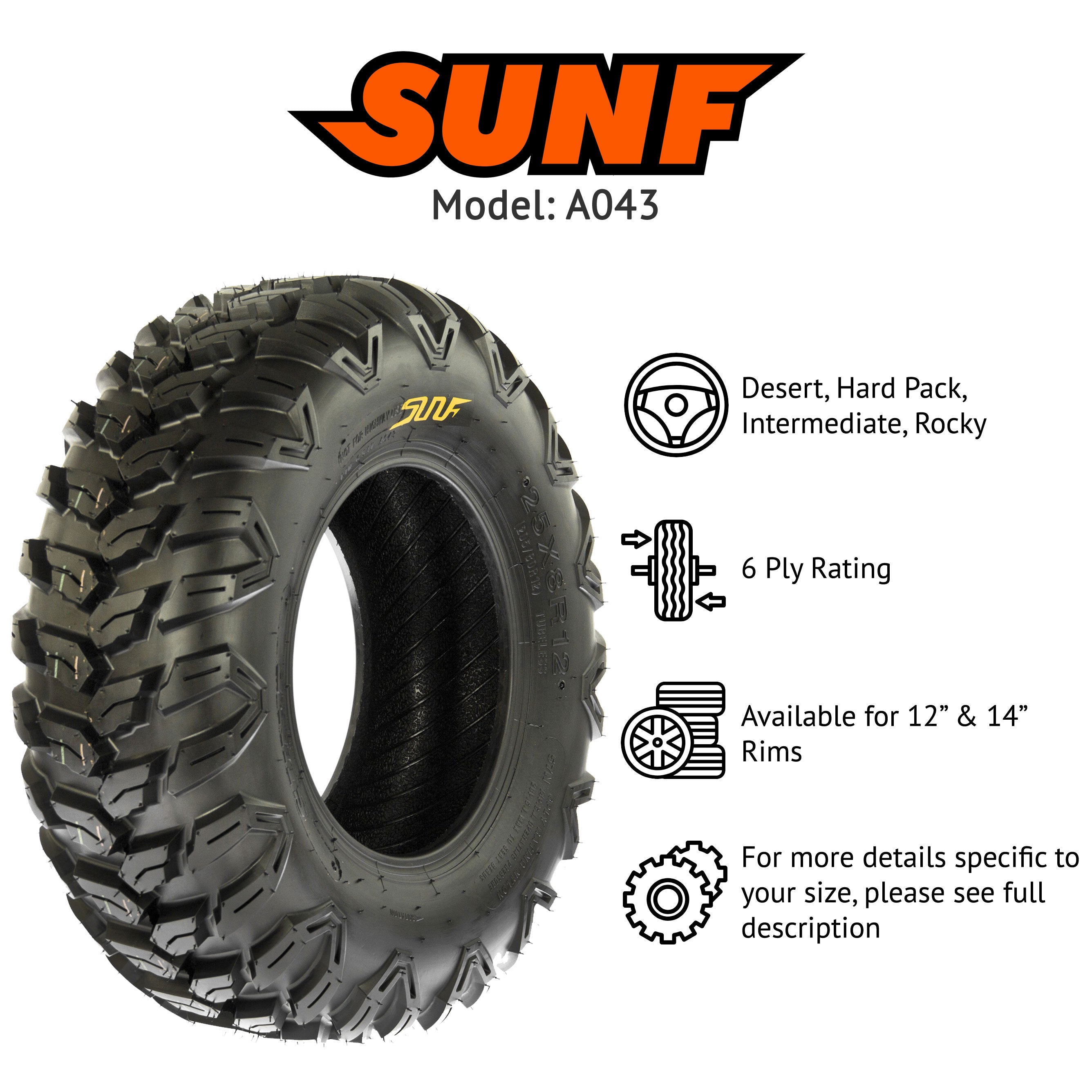 SunF 26x9R14 26x9x14 ATV UTV All Terrain AT Tire 6 PR A043 (Single)