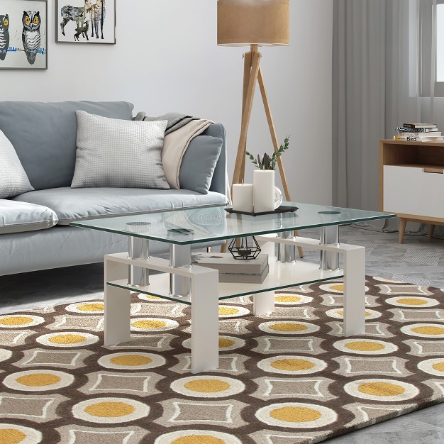 Costway Rectangle Glass Coffee Table Metal Legs End Table Livingroom White black coffee nature