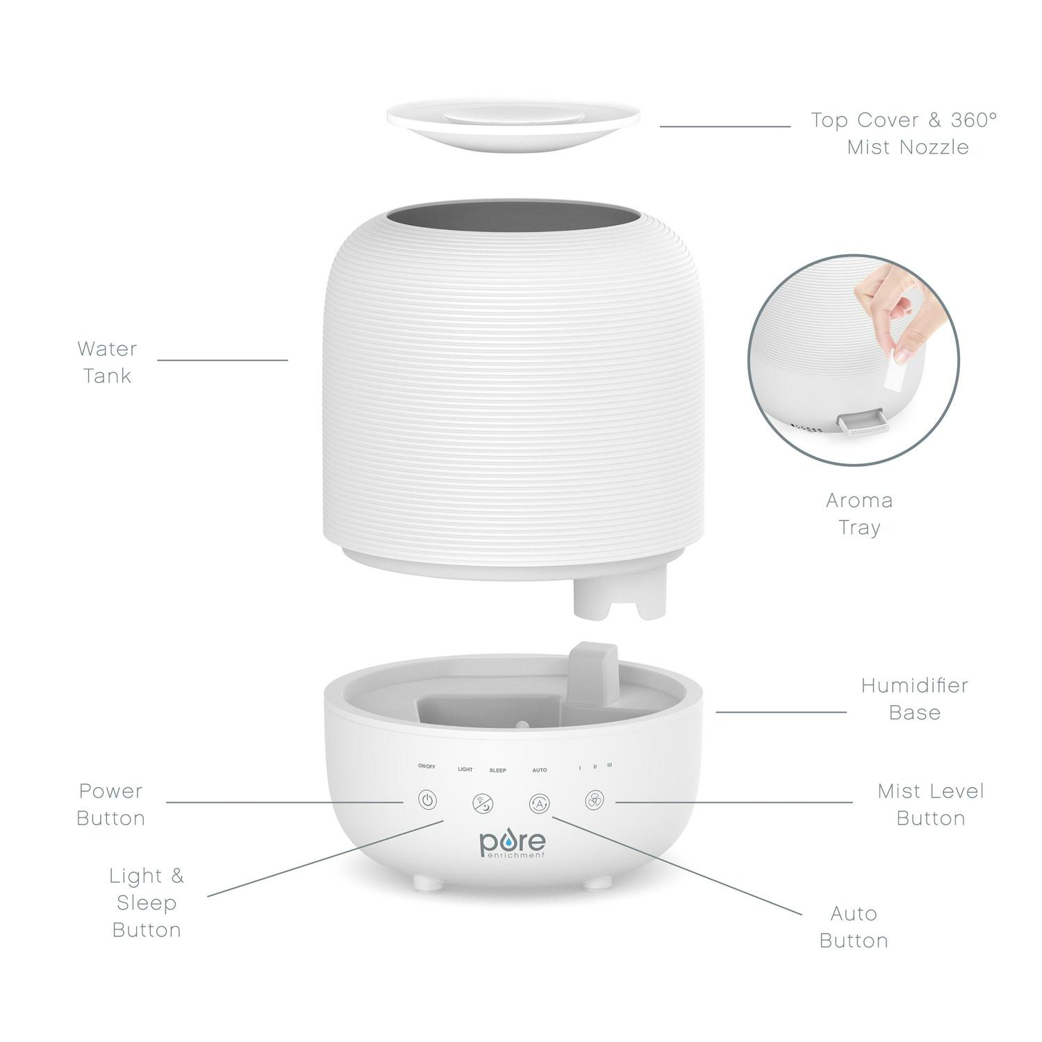 Pure EnrichmentA HUMEa c Sense Top Fill Humidifier -Auto Mode Humidity Sensor， 3 Mist Settings， Patented Magnetic Suspension， Optional Night Light， Optional Aromatherapy， Sleep Mode and Auto Shut-Off