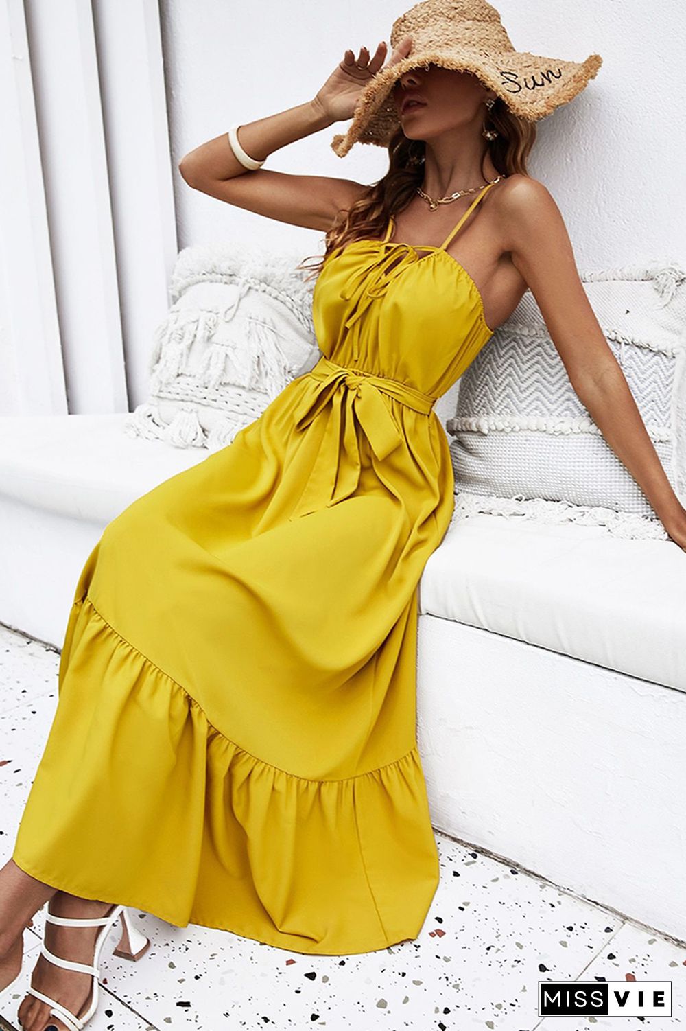 Yellow Sleeveless Swing Long Dress Wholesale