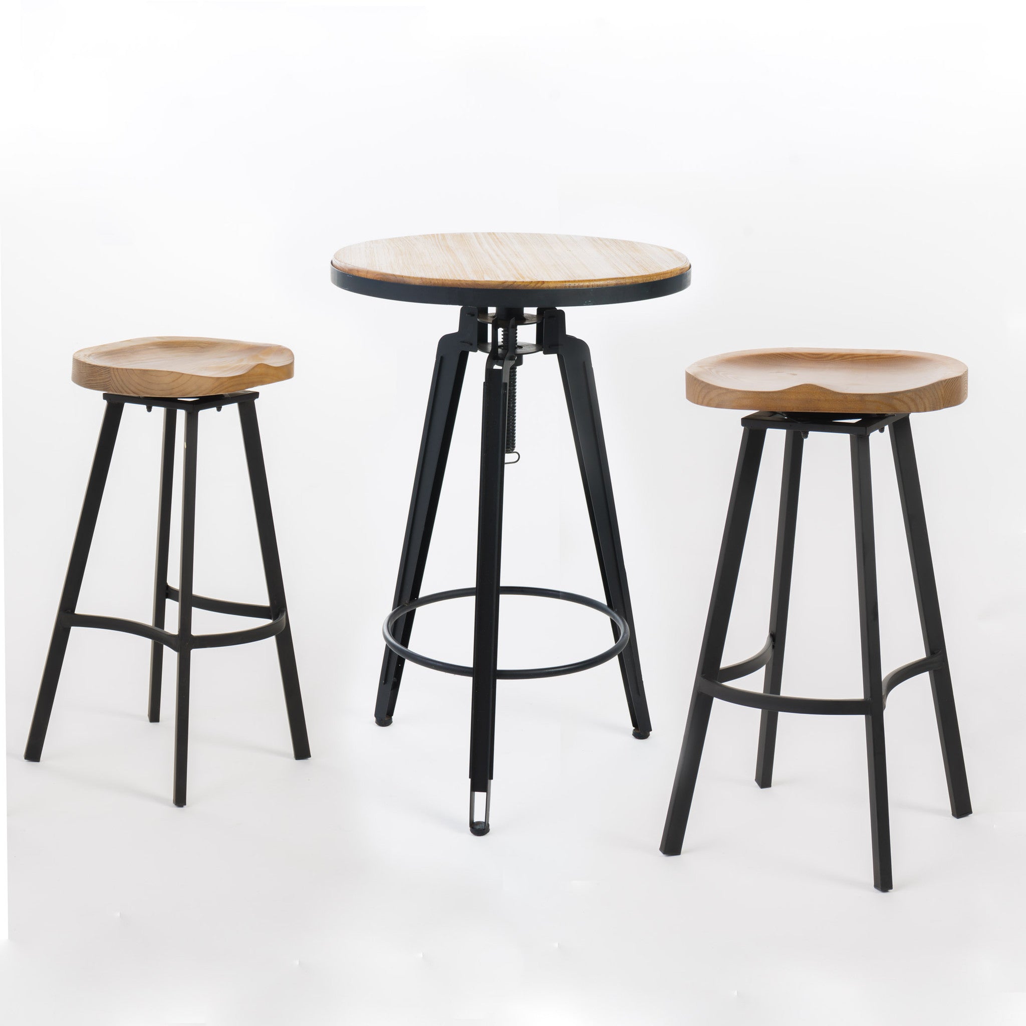 Xanadu Industrial Adjustable Antique Finish Wood Bar Set with Swivel Stools