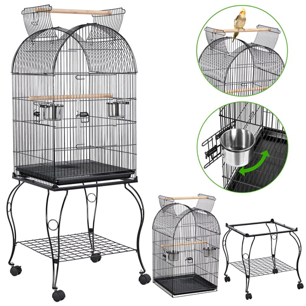 SMILE MART Metal Rolling Bird Cage with 2 Feeders and 2 Wooden Perches， Black