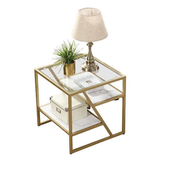 Side Table， End Table with Storage Shelf， Tempered Glass Coffee Table with Metal Frame