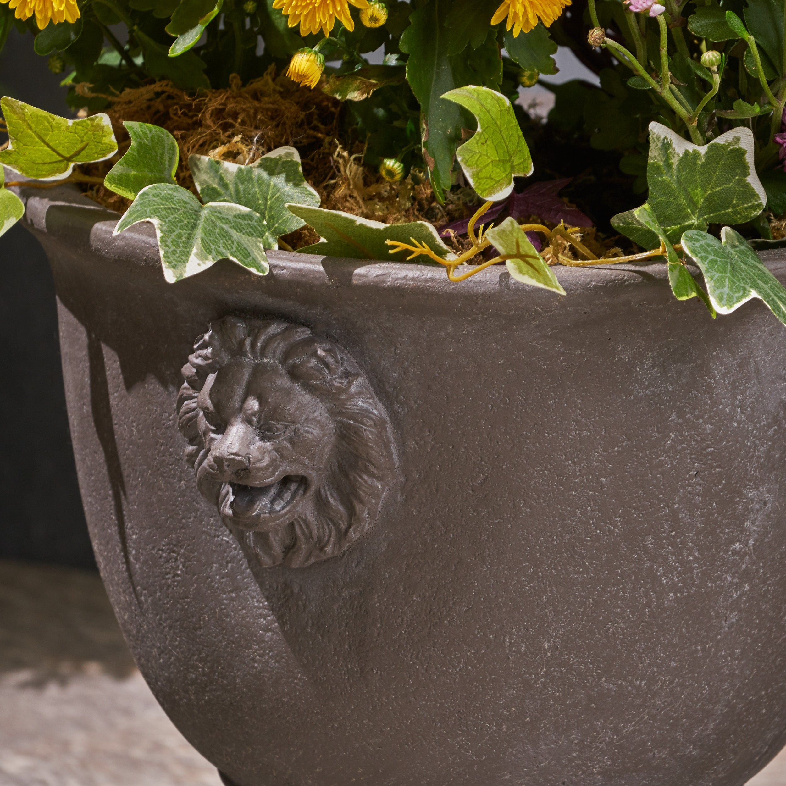 Montana Chalice Garden Urn Planter, Roman, Lionhead Accents, Lightweight Concrete